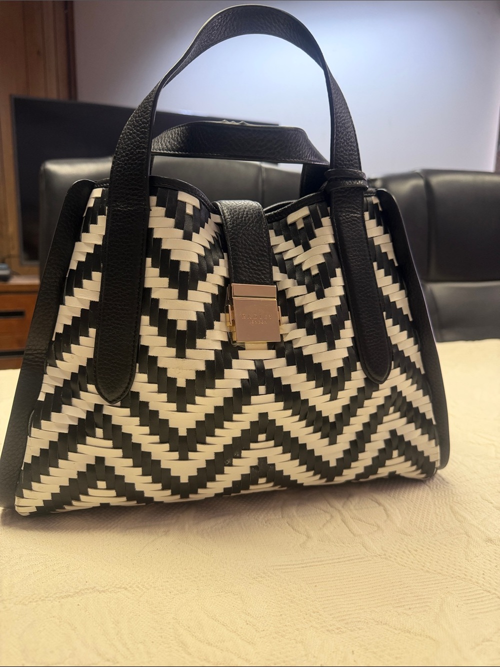 Radley London black and white leather woven handbag